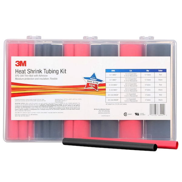 3M Heat Shrink Tubing Kit, Red, Black, 42 Pc - EPS300-1/2 TO 1-BLACK&RED-5-42 PC KITS