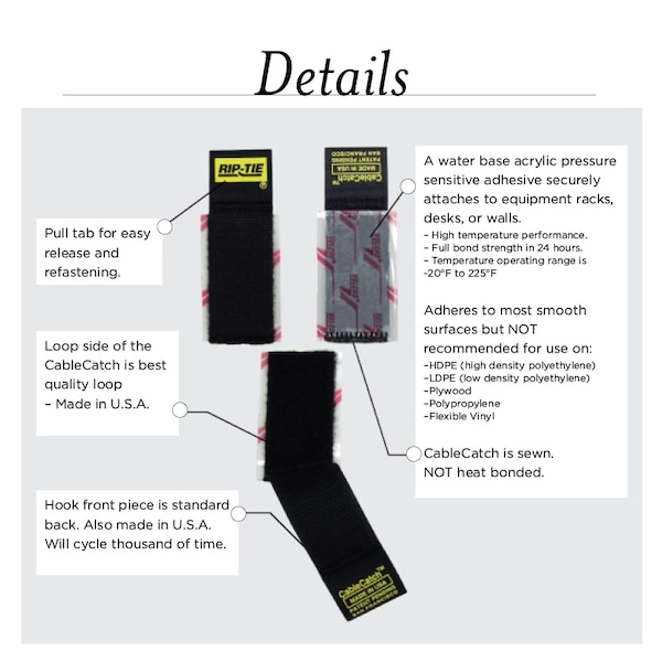 Rip-Tie Strap, Adhesive Back, Black, PK50, 1x4" - C-04-050-BK