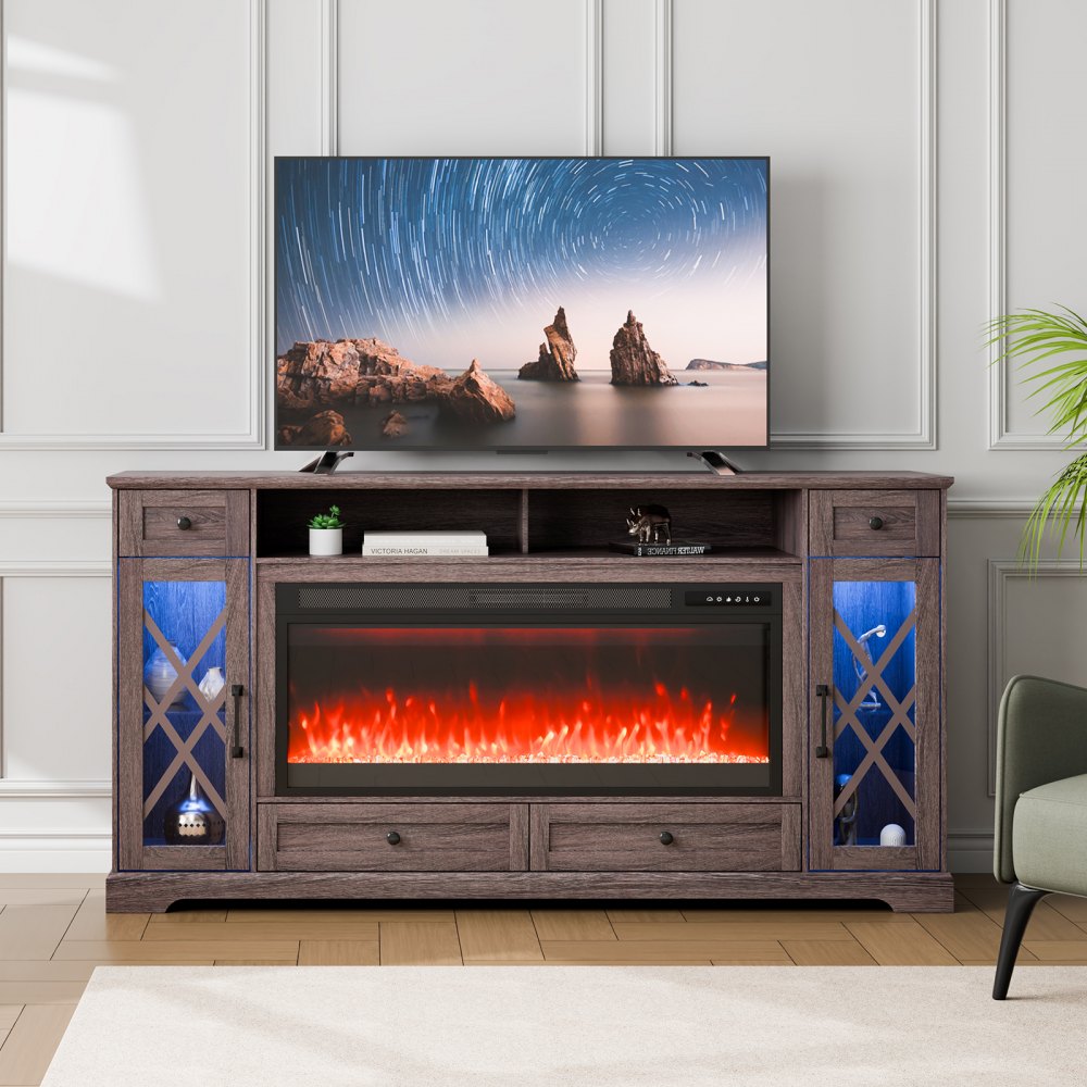 VEVOR Fireplace TV Stand for TVs 70", Media Storage Corner with 42" Fireplace, Storage Drawers & Cabinets, Pastoral TV Console Table with 20 LED Lights, Remote Control and Timer for Living Room, Grey - BLDSJ70CDSJ44IZUIV1