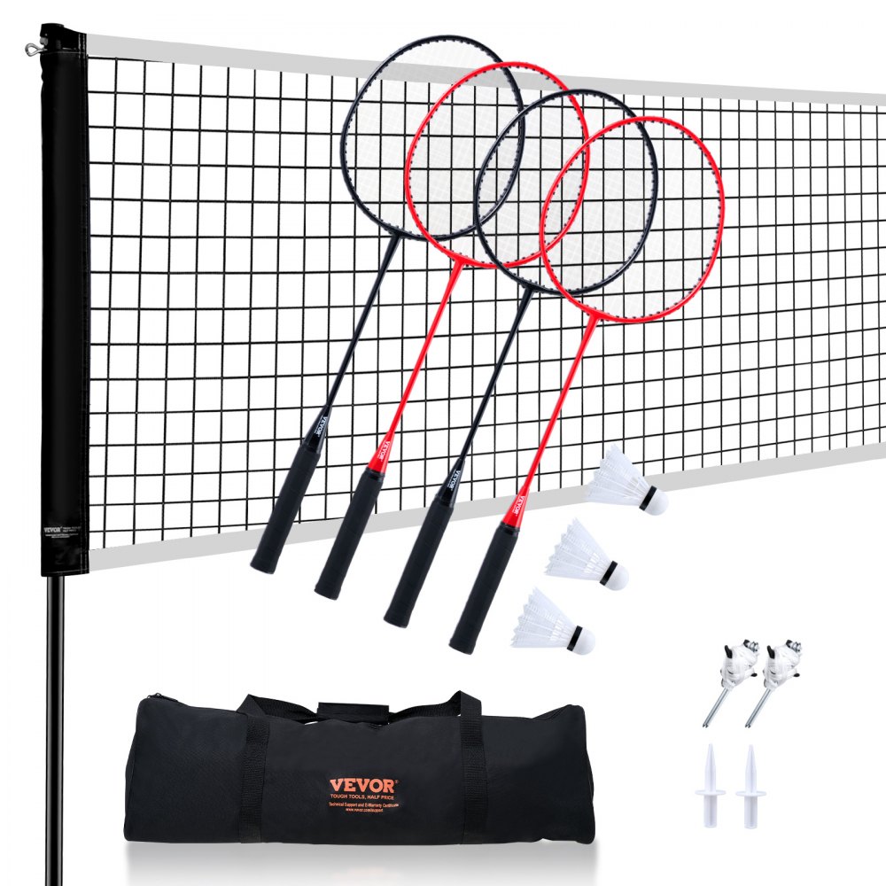 VEVOR Badminton Net Set, Outdoor Backyard Beach Park Badminton Net, Portable Badminton Equipment Set, Adults Kids Badminton Net with Poles, Carrying Bag, 4 Iron Rackets, and 3 Nylon Shuttlecocks - ZCGSSYMQW2021XHU2V0