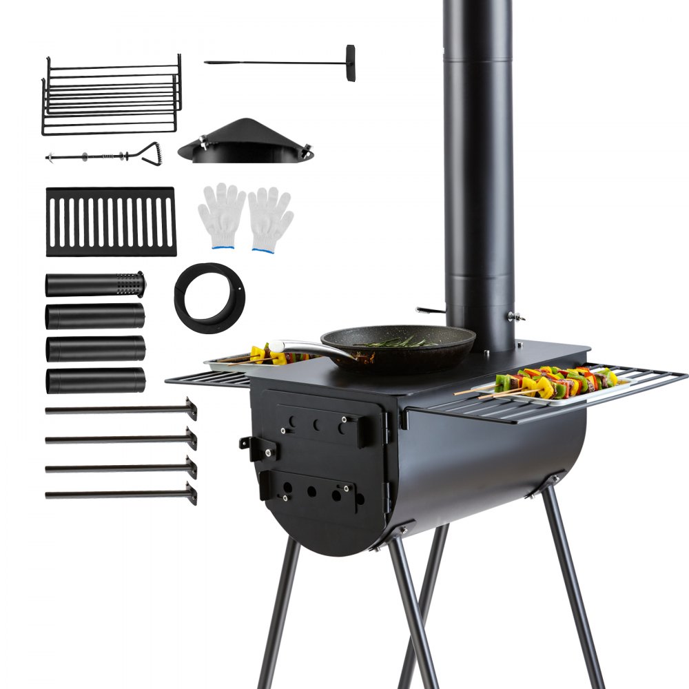 VEVOR Wood Stove, 118 inch, Alloy Steel Camping Tent Stove, Portable Wood Burning Stove with Chimney Pipes & Gloves, 3000in³Firebox Hot Tent Stove for Outdoor Cooking and Heating with 8 Pipes - ZPQNLY118INCH0BTVV0