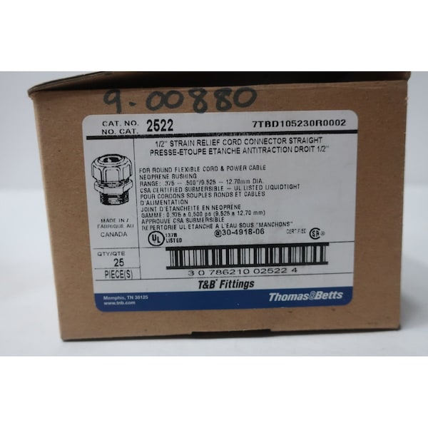 Abb THOMAS&BETTS 2522 BOX OF 25 STRAIN RELIEF CORD CONNECTOR 1/2IN CONDUIT FITTING - 2522