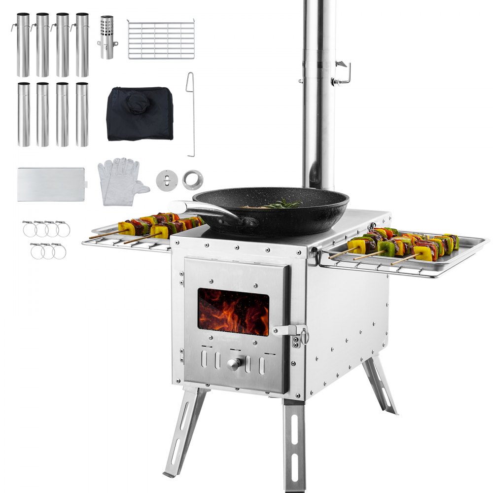 VEVOR Wood Stove, 86 inch, Stainless Steel Camping Tent Stove, Portable Wood Burning Stove with Chimney Pipes & Gloves, 3000in³Firebox Hot Tent Stove for Outdoor Cooking and Heating with 8 Pipes - ZPQNLFX86INCHJ36WV0