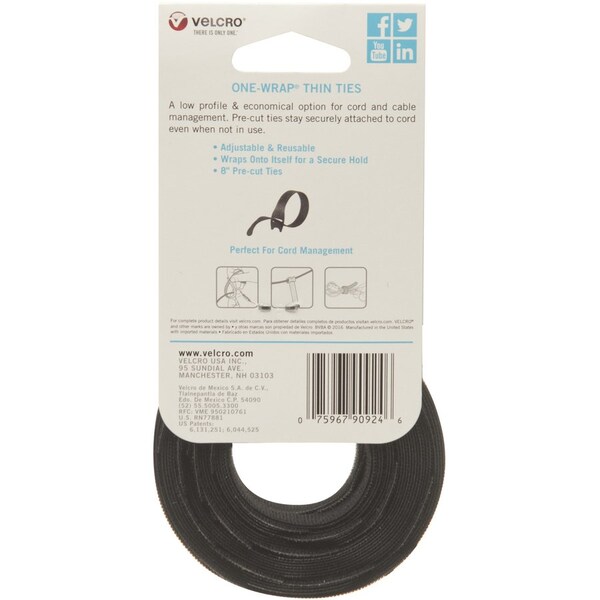 Velcro Brand FASTENER, REUSABLE TIES, BK - VEK90924