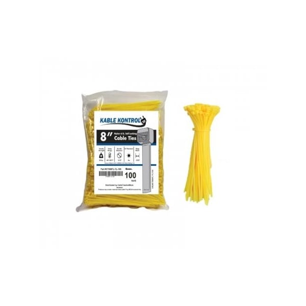 Kable Kontrol Zip Ties - 8in Long - 100 Pc Pk - Fluorescent Yellow - Nylon - 50 Lbs Tensile Strength - CT508FL-YL-100