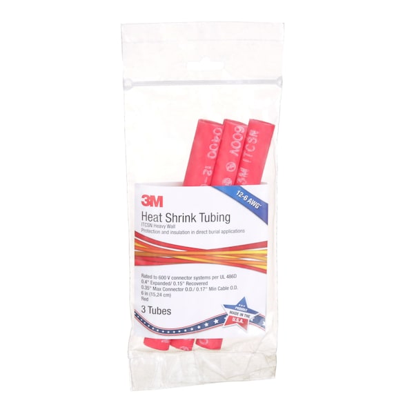 3M Shrink Tubing, 0.4in ID, Red, 6in, PK3 - ITCSN-0400-6"-RED-12-3 PC PKS