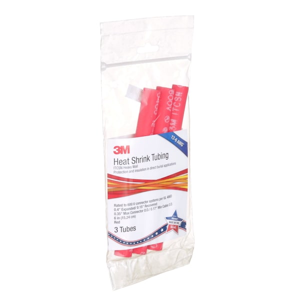 3M Shrink Tubing, 0.4in ID, Red, 6in, PK3 - ITCSN-0400-6"-RED-12-3 PC PKS