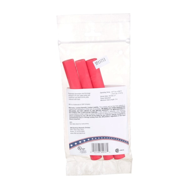 3M Shrink Tubing, 0.4in ID, Red, 6in, PK3 - ITCSN-0400-6"-RED-12-3 PC PKS