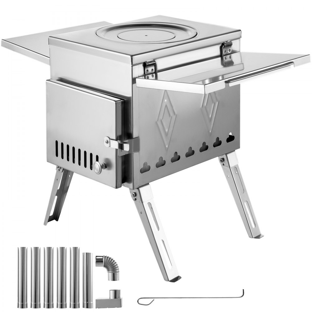 VEVOR Tent Wood Stove 17.5x14.7x10.6 inch, Camping Wood Stove 304 Stainless Steel With Folding Pipe, Portable Wood Stove 95.7 inch Total Height For Camping, Tent Heating, Hunting, Outdoor Cooking - ZPQNLYXBXGL000001V0