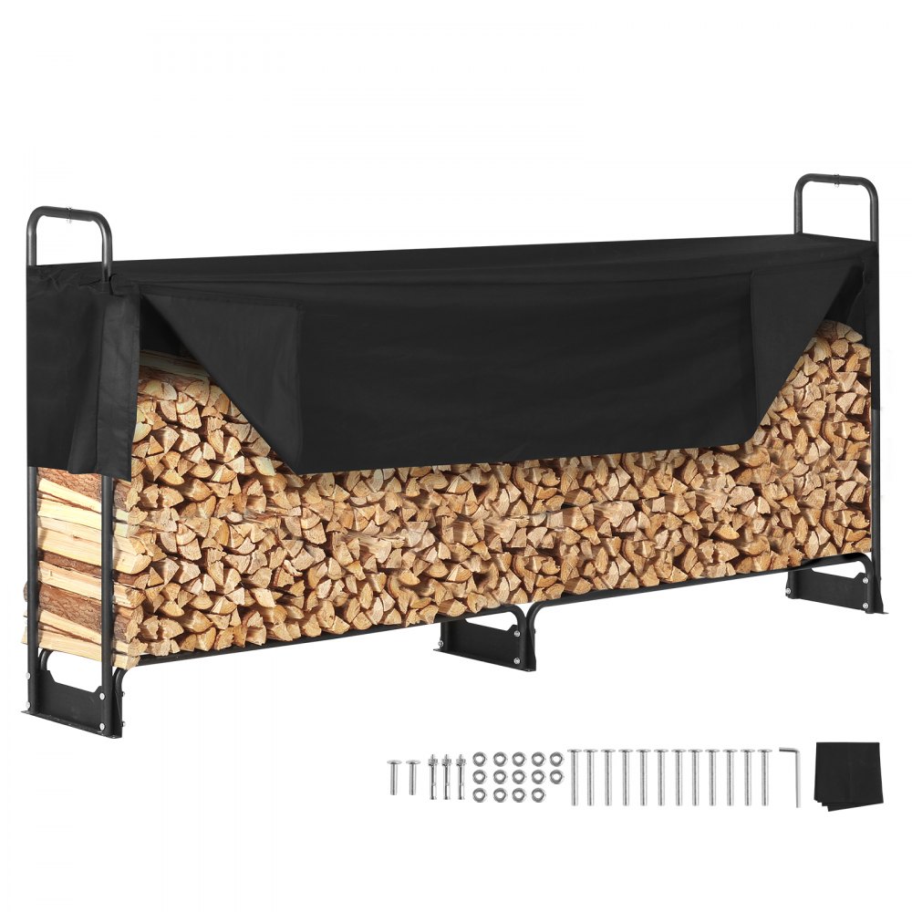 VEVOR 8.5FT Outdoor Firewood Rack with Cover, 102x14.2x46.1 in, Heavy Duty Firewood Holder & 600D Oxford Waterproof Cover for Fireplace, Patio, Indoor/Outdoor Log Storage Rack for 1/2 Cord of Firewood - DCJPSYGNJB102MUXJV0