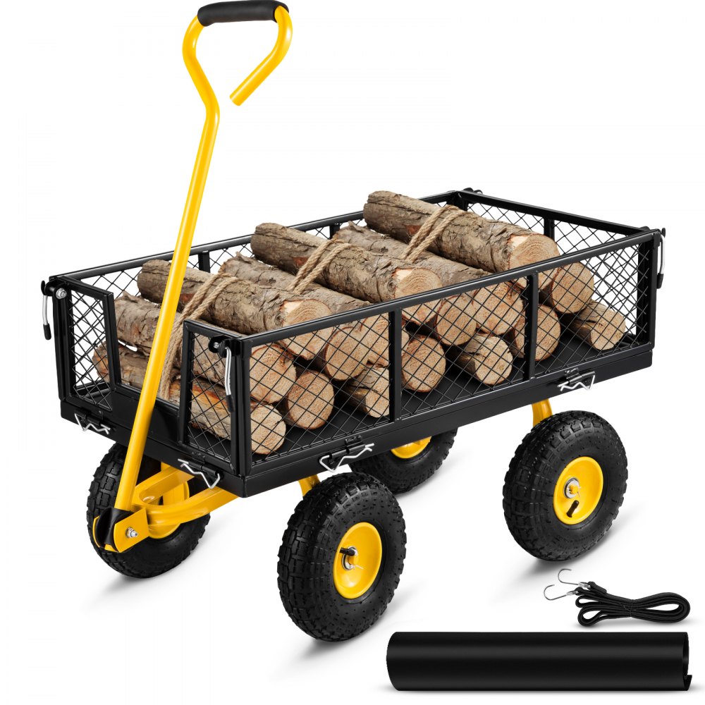 VEVOR Steel Garden Cart, Heavy Duty 900 lbs Capacity, with Removable Mesh Sides to Convert into Flatbed, Utility Metal Wagon with 180° Rotating Handle and 10 in Tires, Perfect for Garden, Farm, Yard - ZXHYTCHSBB880VFY8V0