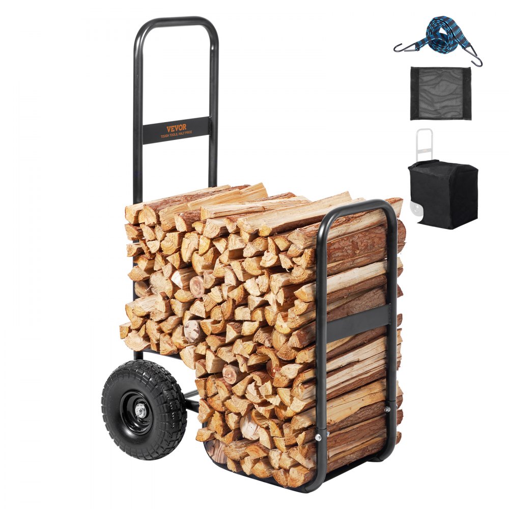 VEVOR Firewood Log Cart, 250 lbs Capacity, Outdoor and Indoor Wood Rack Storage Mover with PU Wheels & Waterproof Cloth, Heavy Duty Steel Dolly Hauler, Firewood Carrier for Fireplace, Fire Pit, Black - DCCH43XH27XWHHAHJV0