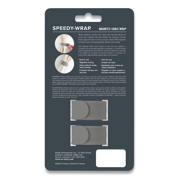 Ut Wire Speedy-Wrap Magnetic Cable Wrap, 0.82" x 10", Gray, 2PK - UTW-SWM2-GY