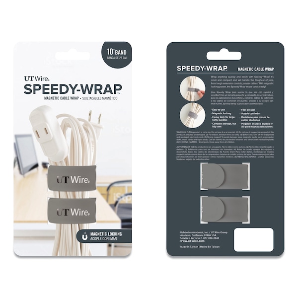 Ut Wire Speedy-Wrap Magnetic Cable Wrap, 0.82" x 10", Gray, 2PK - UTW-SWM2-GY