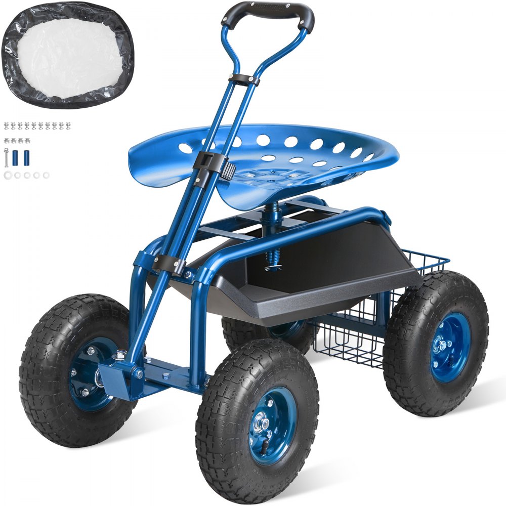 VEVOR Garden Cart Rolling Workseat with Wheels, Gardening Stool for Planting, 360 Degree Swivel Seat, Wagon Scooter with Steering Handle & Utility Tool Tray, Use for Patio, Yard, and Outdoors, Blue - KDJZXKZX0000VA4IPV0