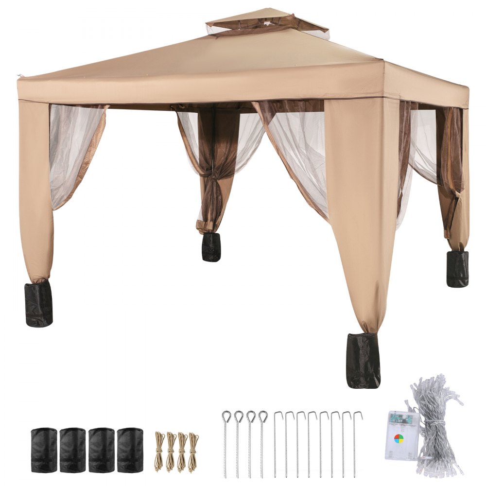 VEVOR Outdoor Canopy Gazebo Tent, Portable Canopy Shelter with 10'x10' Large Shade Space for Party, Backyard, Patio Lawn and Garden, 4 Sandbags, and Netting Included, Brown - ZYP3MX3MSDCG00001V0