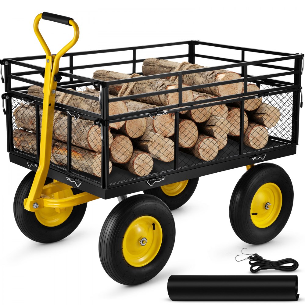 VEVOR Steel Garden Cart, Heavy Duty 1400 lbs Capacity, with Removable Mesh Sides to Convert into Flatbed, Utility Metal Wagon with 2-in-1 Handle and 15 in Tires, Perfect for Garden, Farm, Yard - ZXHYTC1400LBSXQTLV0
