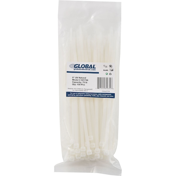 Global Industrial 8 Nylon Cable Ties, Natural w/UV, 75 lb Tensile Strength, 100PK - 501746