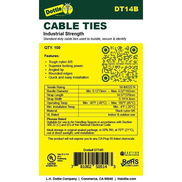 L.H. Dottie L.H. Dottie 14.5'' UV Black Standard Duty Cable Tie, 100PK - DT14B