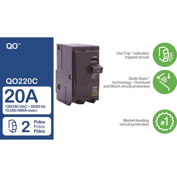 Square D Miniature Circuit Breaker, QO Series, 20A, 2 Pole, 120/240V AC, 10kA at 120/240V AC - QO220C