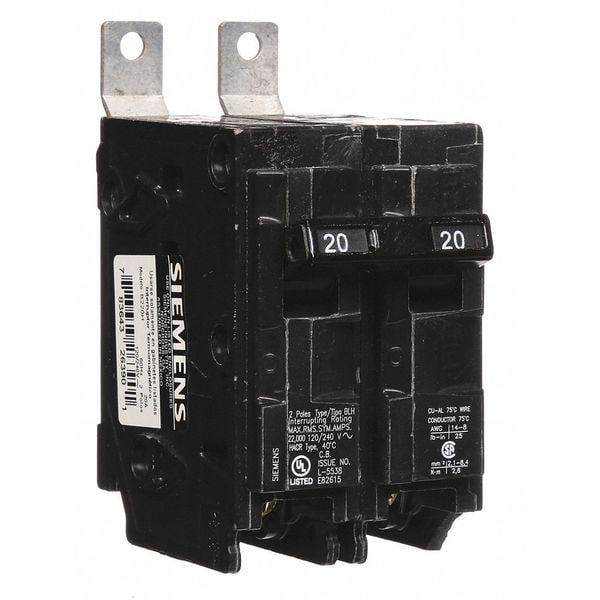 Siemens Miniature Circuit Breaker, BL Series, 20A, 2 Pole, 120/240V AC, 22kA at 120/240V AC - B220H