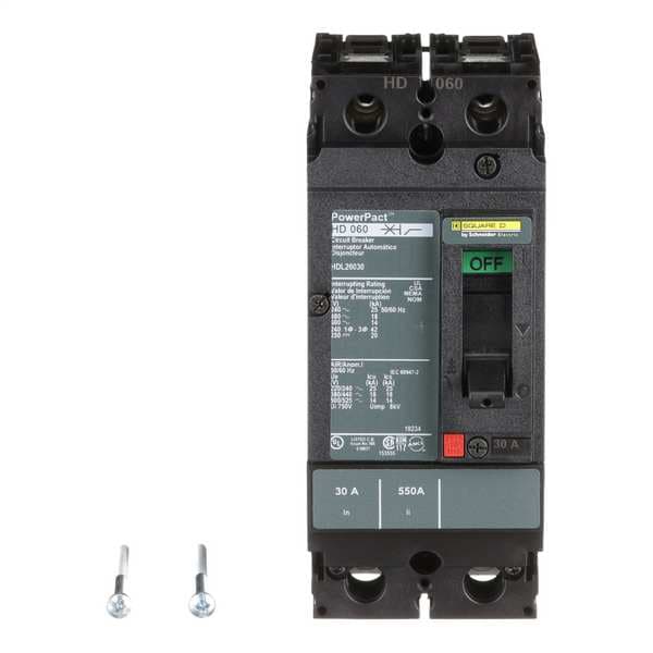 Square D Molded Case Circuit Breaker, HDL Series, 30A, 2 Pole, 600V AC, 25kA at 240V AC - HDL26030