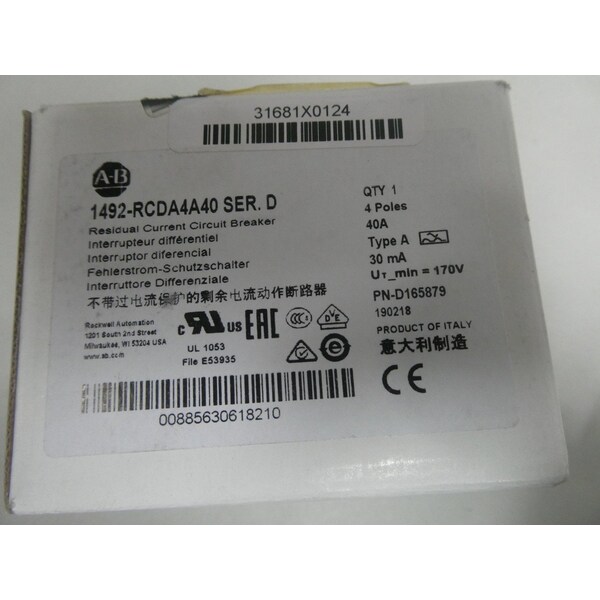 Allen Bradley Miniature Circuit Breaker, 40A, 4 Pole, 170V AC - 1492-RCDA4A40