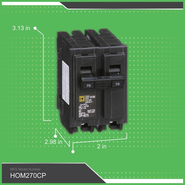 Square D Miniature Circuit Breaker, HOM Series, 70A, 2 Pole, 120/240V AC, 10kA - HOM270CP