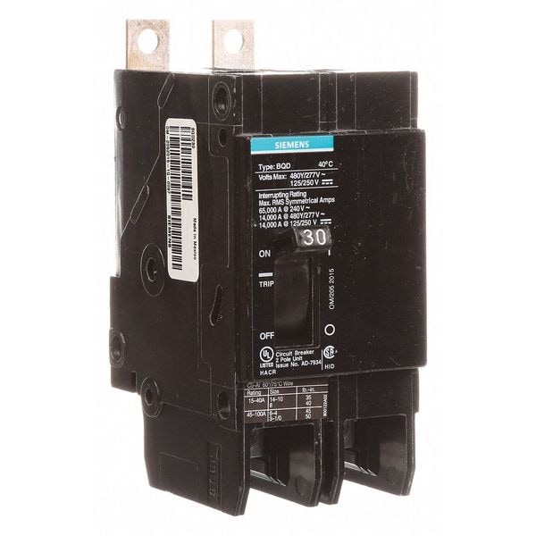 Siemens Miniature Circuit Breaker, BQD Series, 30A, 2 Pole, 480V AC, 14kA at 480V AC - BQD230