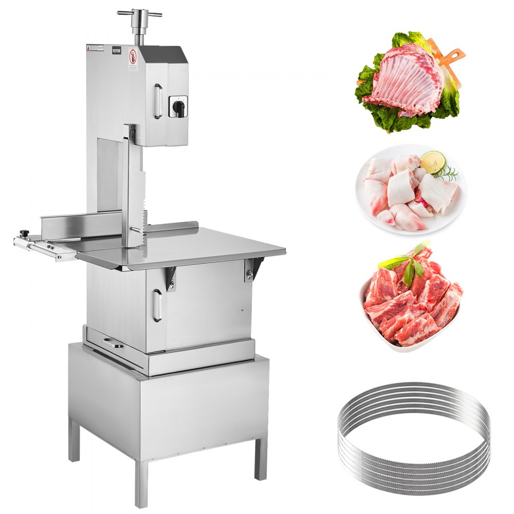 VEVOR Commercial Electric Meat Bandsaw, 2200W Stainless Steel Vertical Bone Sawing Machine, Workbeach 24.4" x 20.5", 0.16-8.7 Inch Cutting Thickness, Frozen Meat Cutter with 6 Blades for Rib Pork Beef - LSJGJ2200W422NFBCV1