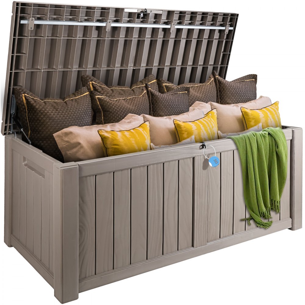VEVOR Deck Box, 120 Gallon, 56.3" x 26.6" x 23.8" Outdoor Storage Box, Waterproof PP Deckbox with Aluminum Alloy Padlock, for Patio Furniture, Garden Tools, Pool Toys, Outdoor Cushions, Gray - HWCWXHSJPP120FU3LV0