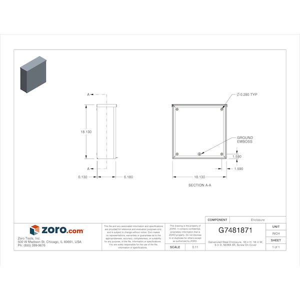 Wiegmann Carbon Steel Electrical Enclosures, 18 in H, 6 in D, 18 in W, NEMA 3R, Screw On - RSC181806GNK
