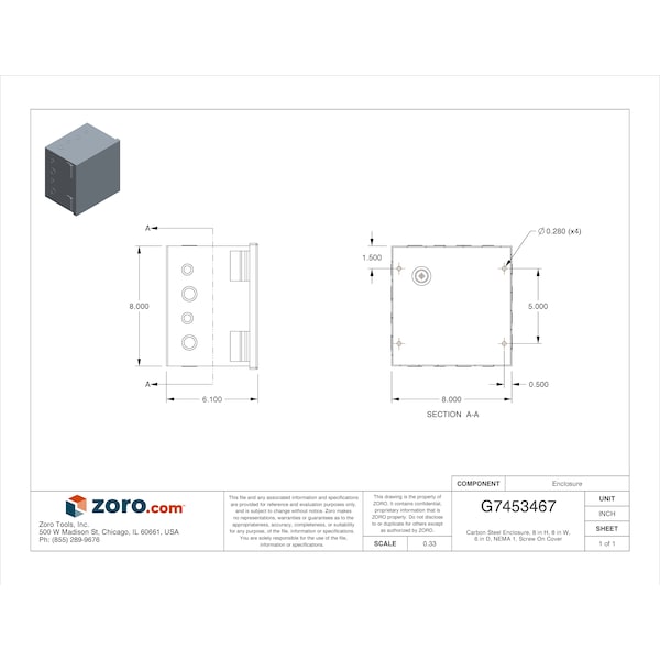 Nvent Hoffman Carbon Steel Electrical Enclosures, 8 in H, 6 in D, 8 in W, NEMA 1, Hinged - AHE8X8X6