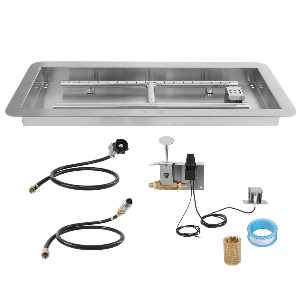 VEVOR 24 x 8 inch Drop-in Fire Pit Pan, Rectangular Stainless Steel Fire Pit Burner Kit, Natural & Propane Gas Fire Pan 120,000 BTU with H-Burner for Indoor or Outdoor Use - JXQRSHKPTZ24WHO8GV0