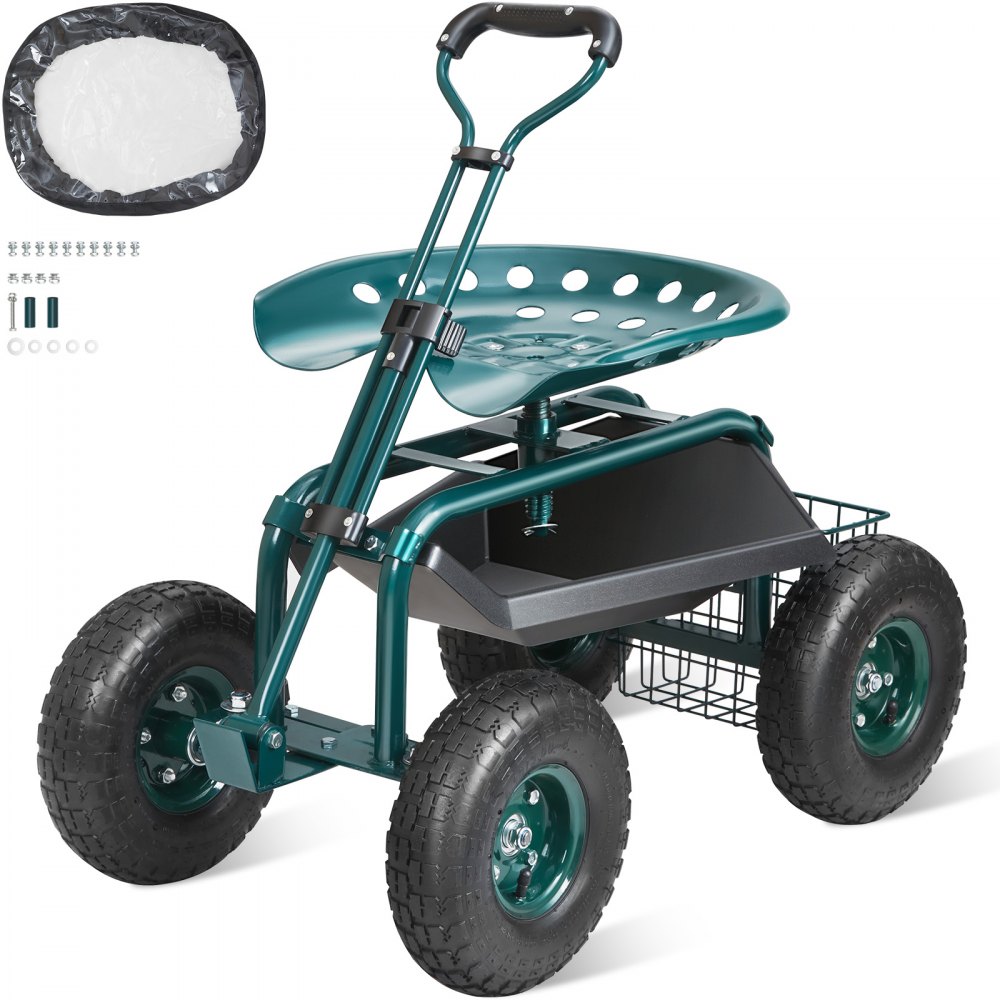VEVOR Garden Cart Rolling Workseat with Wheels, Gardening Stool for Planting, 360 Degree Swivel Seat, Wagon Scooter with Steering Handle & Utility Tool Tray, Use for Patio, Yard, and Outdoors, Green - KDJQXKQX0000M1EWPV0