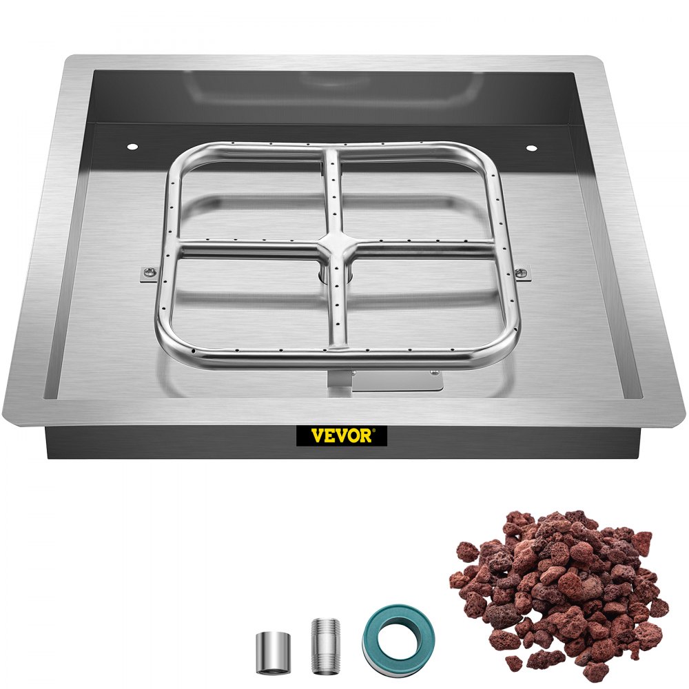 VEVOR Drop in Fire Pit Pan, 18" x 18" Square Fire Pit Burner, Stainless Steel Gas Fire Pan, Fire Pit Burner Pan w/ 1 Pack Volcanic Rock Fire Pit Insert w/ 90K BTU for Keeping Warm w/ Family & Friends - SKHPFXQ1818IN5ZX4V0