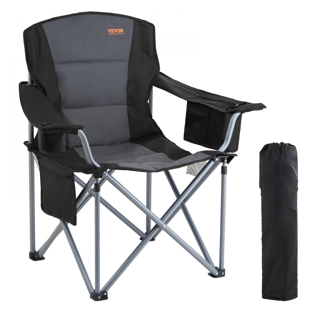 VEVOR Camping Folding Chair for Adults, Portable Heavy Duty Outdoor Quad Lumbar Back Padded Arm Chairs with Side Pockets, Cup Holder and Cooler Bag for Beach, Lawn, Picnic, Fishing, Backpacking, Black - HWZDYCY450LBSFODNV0