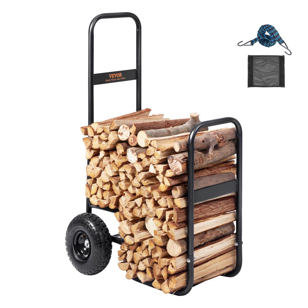 VEVOR Firewood Log Cart, 250 lbs Load Capacity, Outdoor and Indoor Wood Rack Storage Mover with Pneumatic Rubber Wheels, Heavy Duty Steel Dolly Hauler, Firewood Carrier for Fireplace, Fire Pit, Black - DCCH43XH27XWYTWGDV0