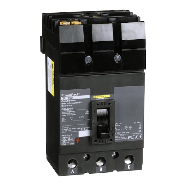 Square D Molded Case Circuit Breaker, QGA Series, 150A, 3 Pole, 240V AC, 65kA at 240V AC - QGA32150