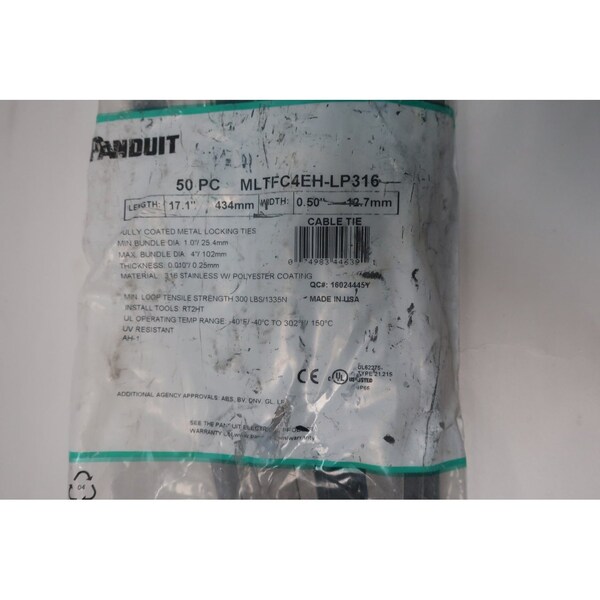 Panduit Panduit Mltfc4Eh-Lp316 Bag Of 50 Fully Coated Metal Locking Ties 17.1In X 0.5In - MLTFC4EH-LP316