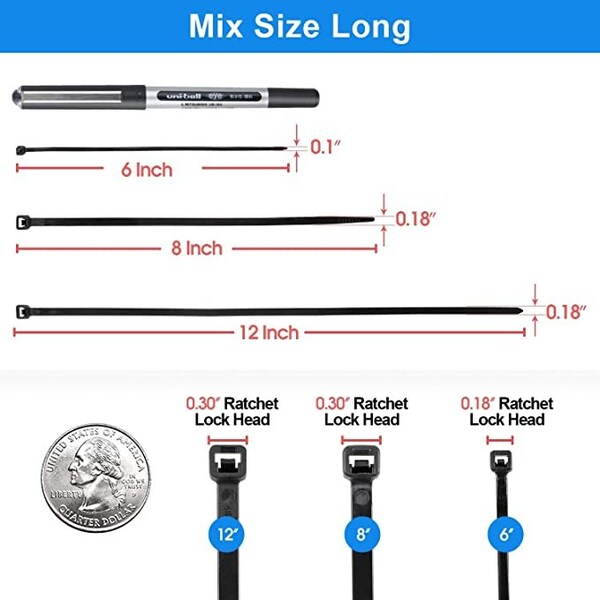 Ipower Simple Deluxe HICBLTIEMIX Combo Pack 200pcs Assortment Self-Locking 6+8+12-Inch - HICBLETIEMIX