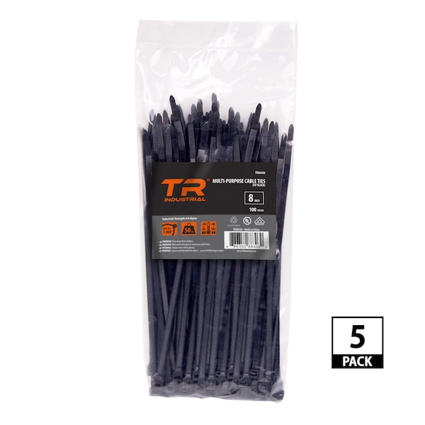 Tr Industrial 8 in Multi-Purpose UV Cable Ties, Black, 500-pk - TR88302-5PK