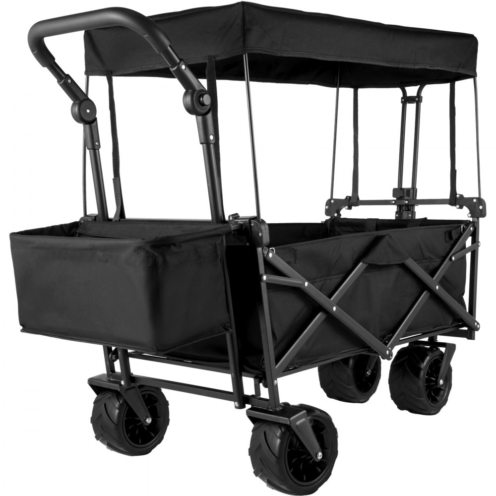 VEVOR Extra Large Collapsible Garden Cart with Removable Canopy, Folding Wagon Utility Carts with Wheels and Rear Storage, Wagon Cart for Garden, Camping, Grocery Cart, Shopping Cart, Black - DZDPTC-BKHSKU0001V0