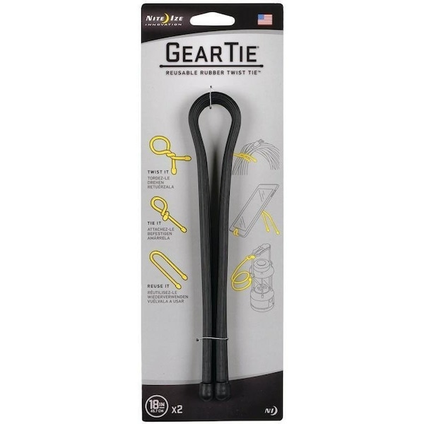 Nite Ize Gear Tie GT18-2PK-01 Twist Tie, Rubber, Black - GT18-01-2R3