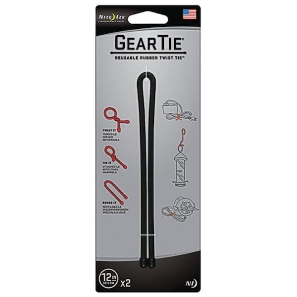 Nite Ize Gear Tie GT12-2PK-01 Twist Tie, Rubber, Black - GT12-01-2R3