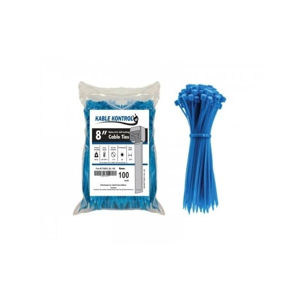Kable Kontrol Zip Ties - 8in Long - 100 Pc Pk - Fluorescent Blue - Nylon - 50 Lbs Tensile Strength - CT508FL-BL-100
