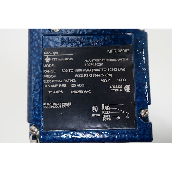 Interruptor de presión Itt DeoDyn Ajustable 500-1500Psi 125-250V CA - 100P47C3X