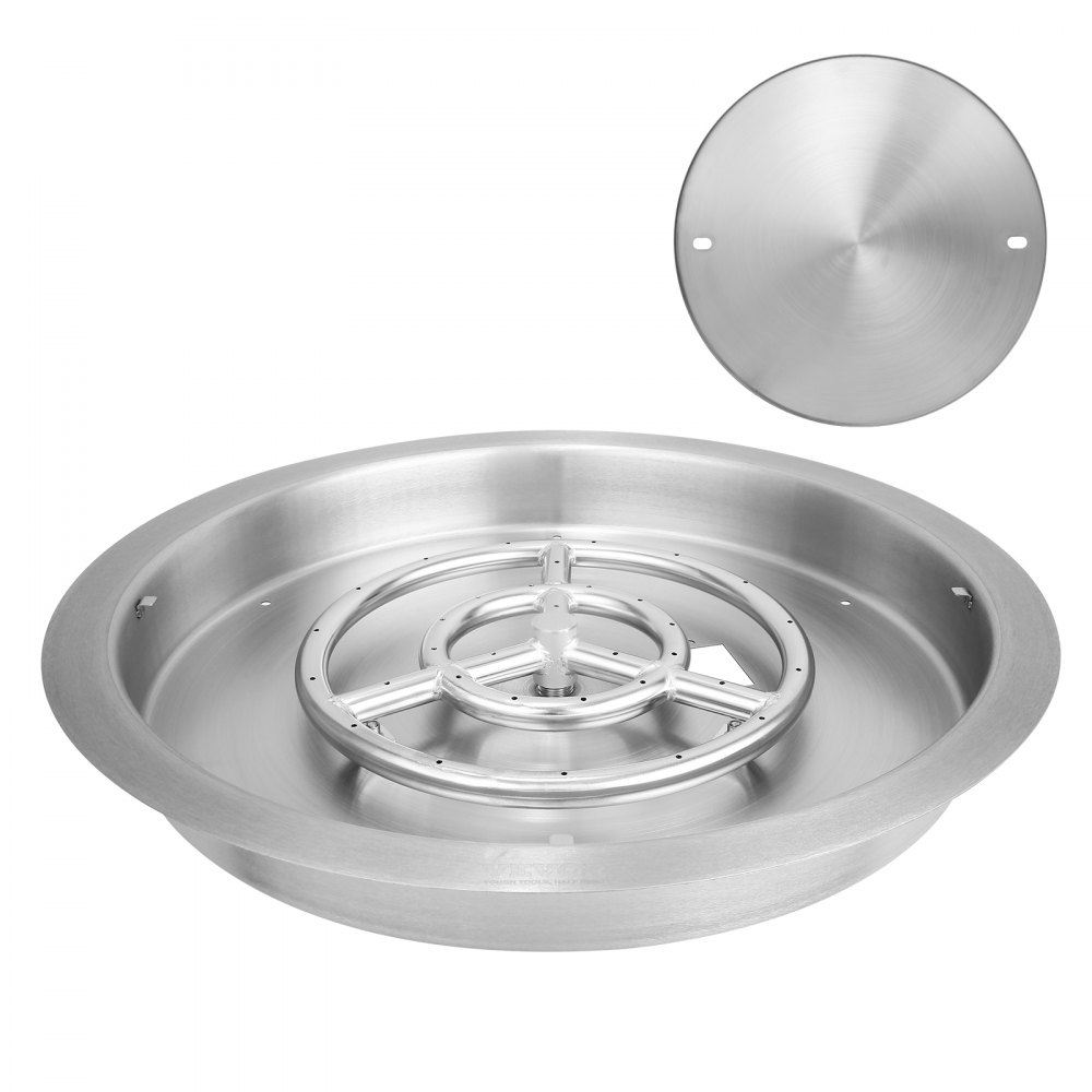 VEVOR 19 inch Round Drop-in Fire Pit Pan, Stainless Steel Fire Pit Burner, Natural & Propane Gas Fire Pan 92,000 BTU with Lid, for Indoor or Outdoor Use - YXQRSHKP19INH2HWWV0
