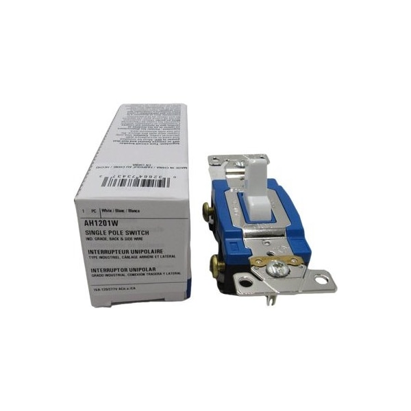 Dispositivos de cableado Eaton 120/277 VAC, 15 A, 1 polo, Blanco, Palanca de nylon, Cableado trasero y lateral, interruptor basculante AC iluminado - AH1201W