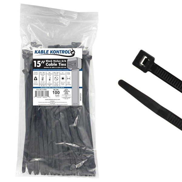 Kable Kontrol Cable Zip Ties 15" Inch Long Extra Heavy Duty - UV Resistant Nylon - 250 Lbs Tensile Strength - 100 pc Pack - CT15BK